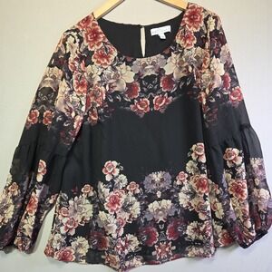 Boutique+ Women's 1X Black Floral Blouse Bell Balloon Sheer Sleeve Lined Top